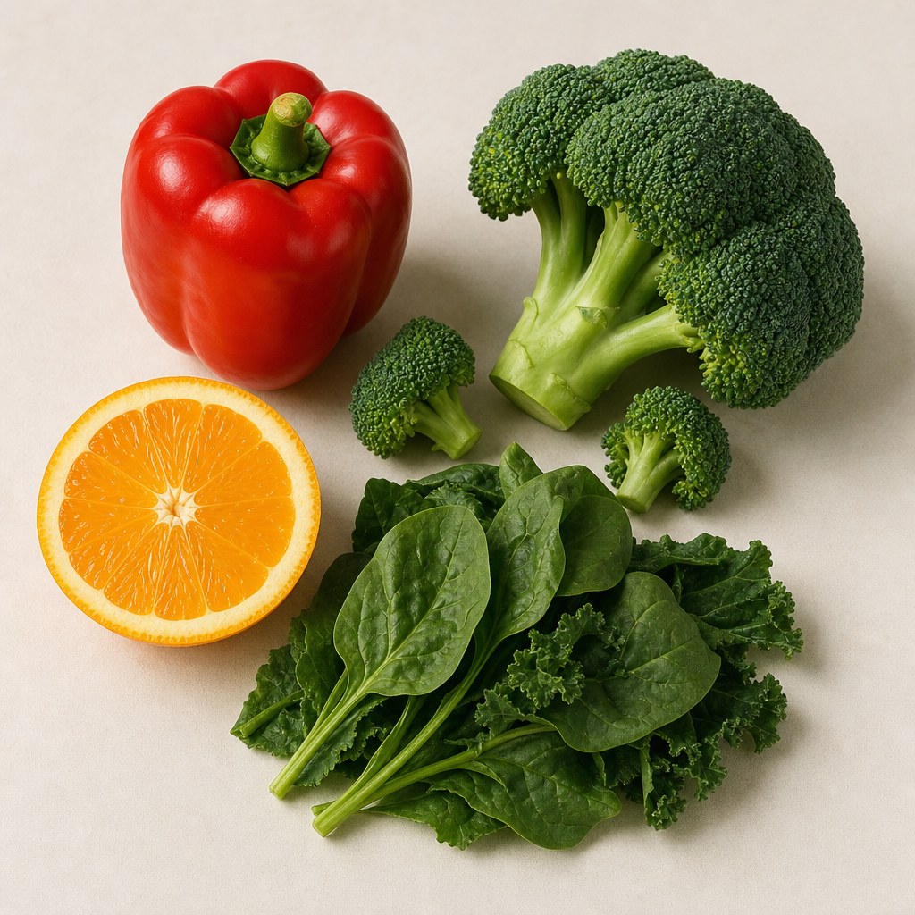 Vitaminreiche Lebensmittel mit Paprika, Brokkoli, Orange und Blattgemüse vor hellem neutralem Hintergrund.