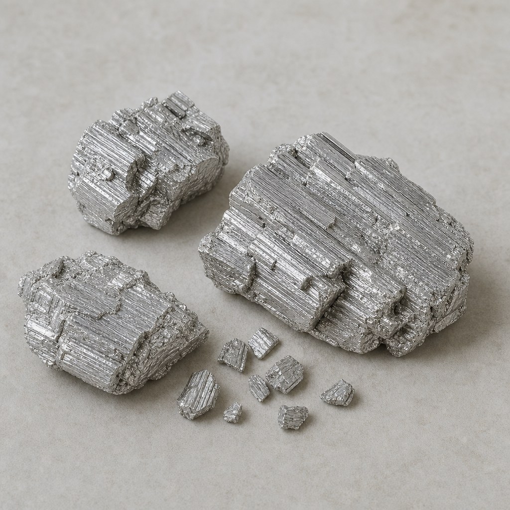 Srebrnkasti kristali magnezijuma na svijetloj neutralnoj pozadini.