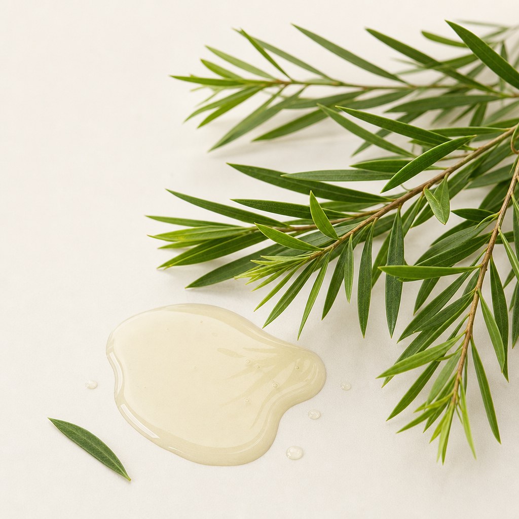 Verse bladeren van Melaleuca alternifolia met tea tree-bladolie.