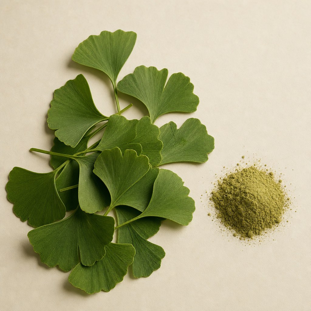 Ginkgo-bilobabladeren met bladextract op een lichte neutrale achtergrond.