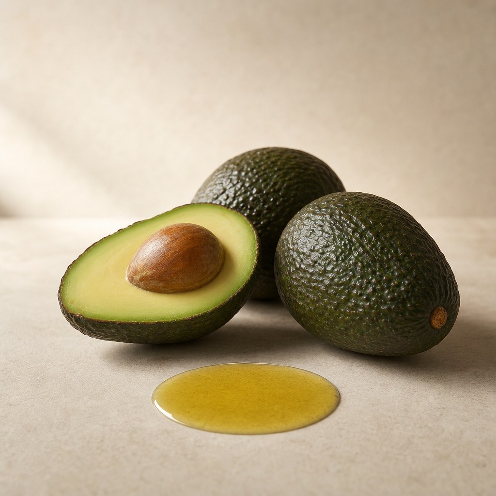 Avocado's en avocado-olie op een lichte neutrale achtergrond.