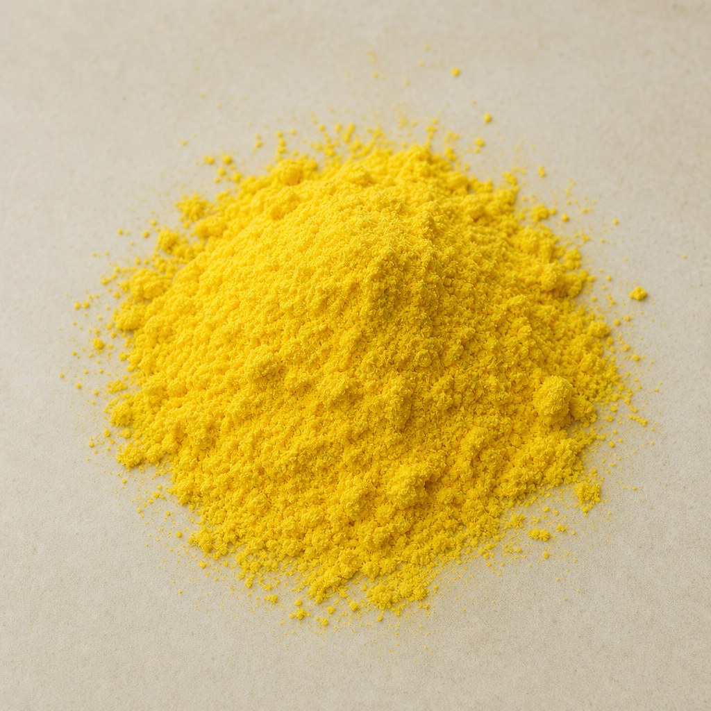 Žlutý krystalický riboflavin na světlém neutrálním pozadí.