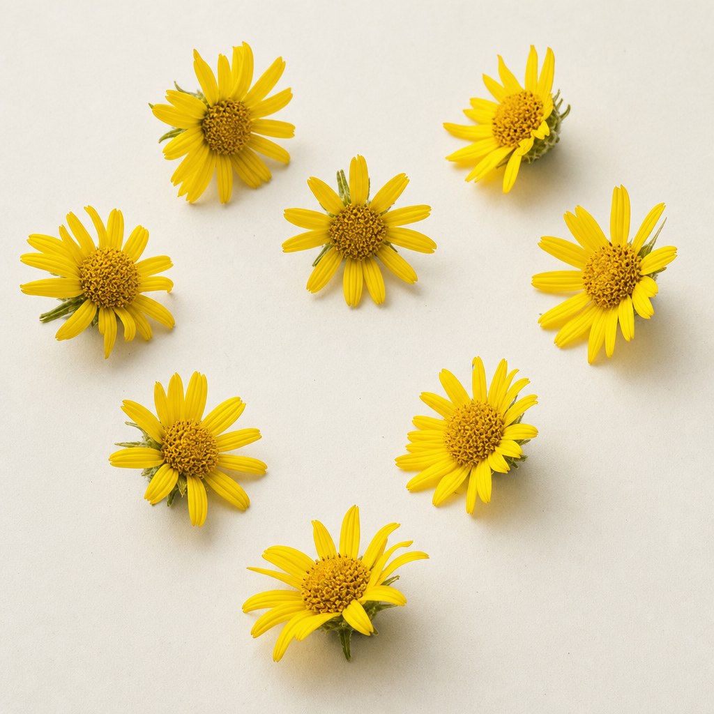 Gelbe Blüten der Arnika (Arnica montana) vor hellem neutralem Hintergrund.
