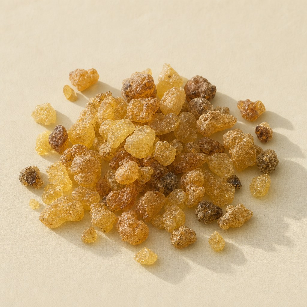 Goldbraune Harzstücke von Boswellia serrata vor hellem neutralem Hintergrund.