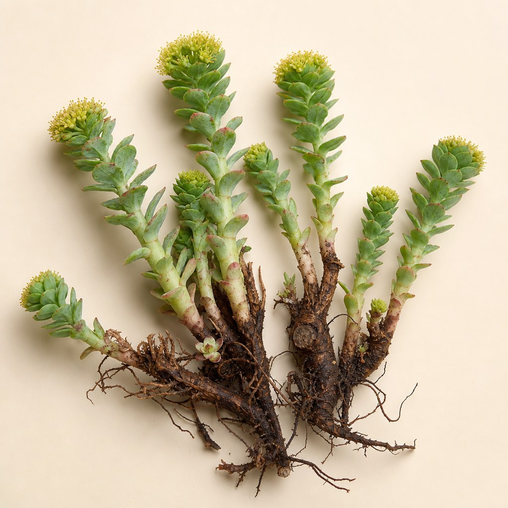 Rosenwurz als botanisches Pflanzenmaterial auf hellem neutralem Hintergrund.