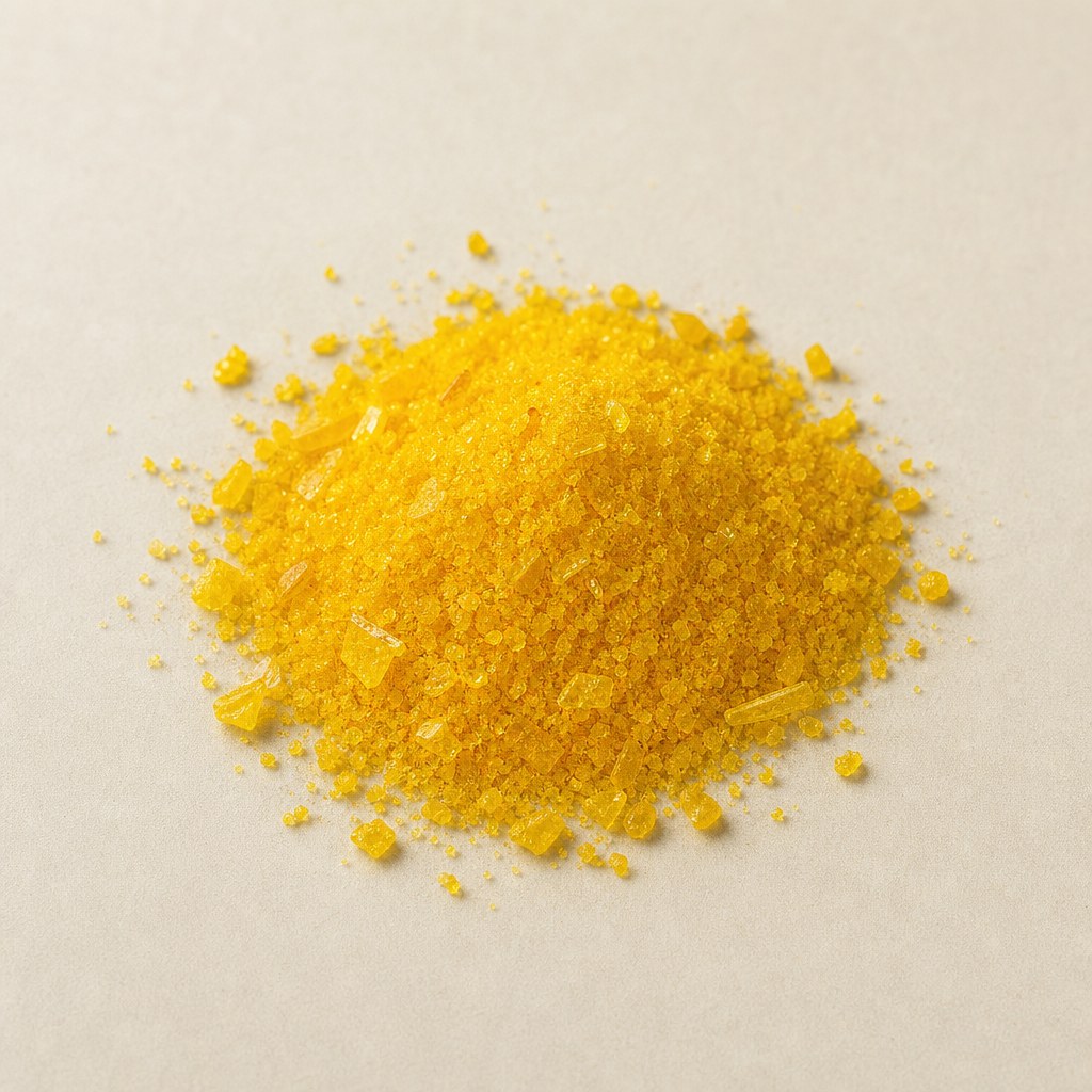 Cristalli giallo dorati di riboflavina su sfondo chiaro neutro.