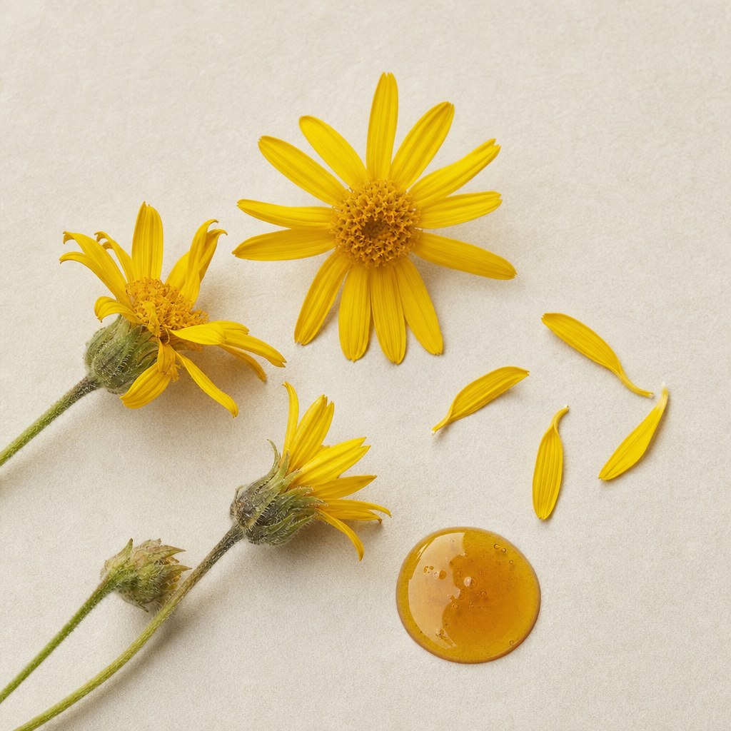 Arnikablüten und Arnikablütenextrakt auf hellem neutralem Hintergrund.