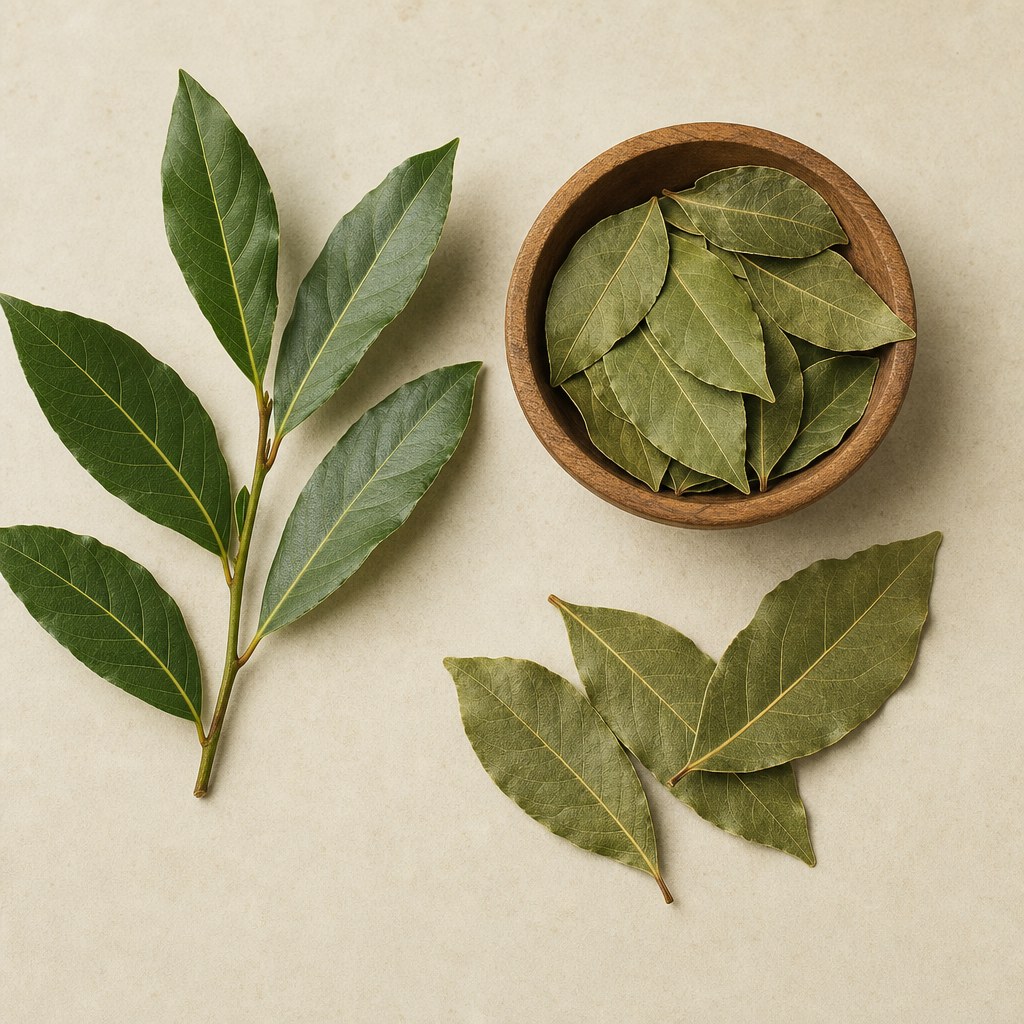 Frische und getrocknete Lorbeerblätter von Laurus nobilis auf hellem neutralem Hintergrund.
