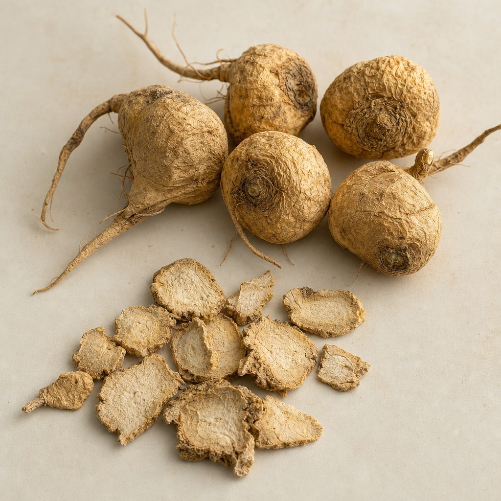 Maca-Wurzel und Maca-Wurzel-Extrakt auf hellem neutralem Hintergrund.