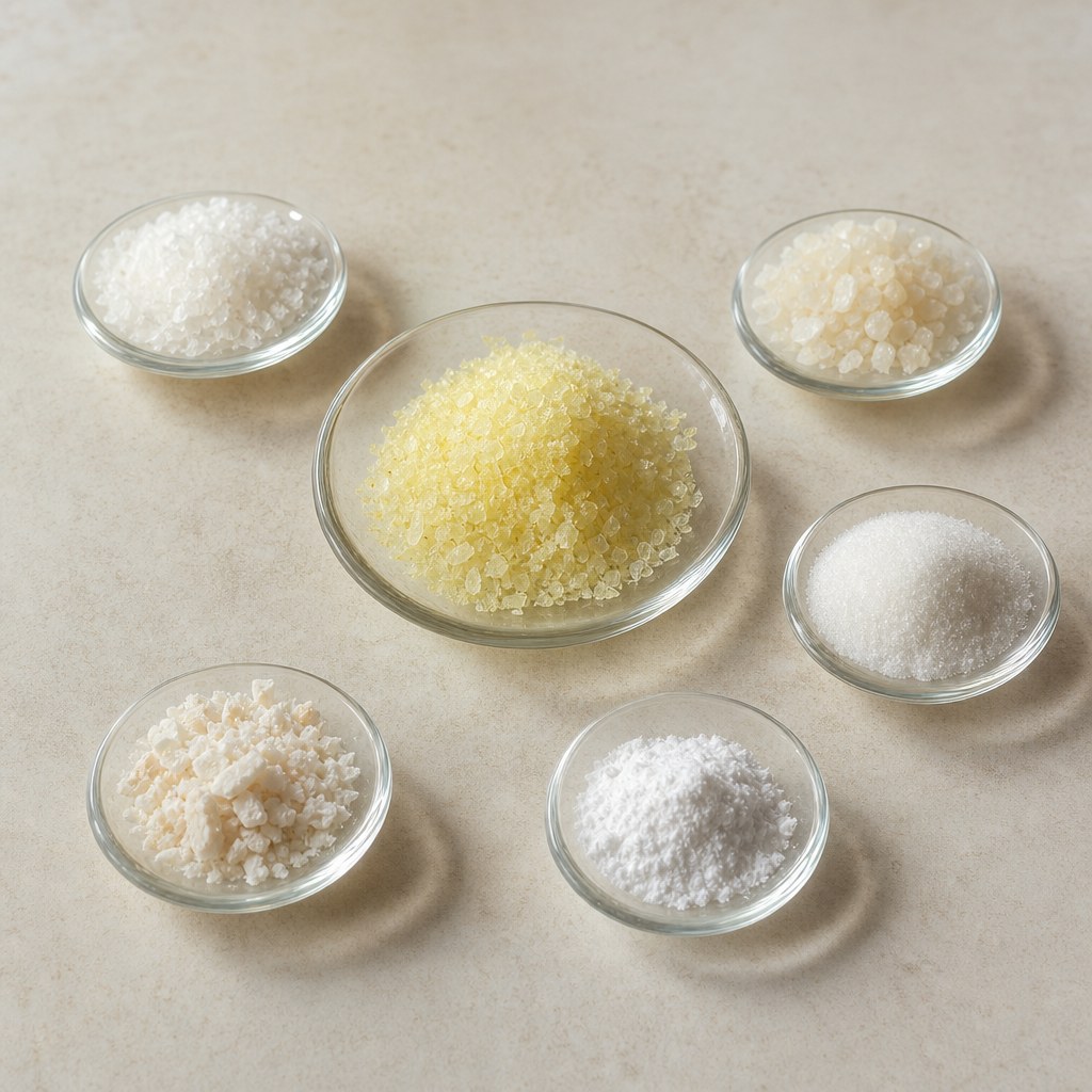 B-Vitamine als kristalline Rohstoffe in kleinen Glasschalen.