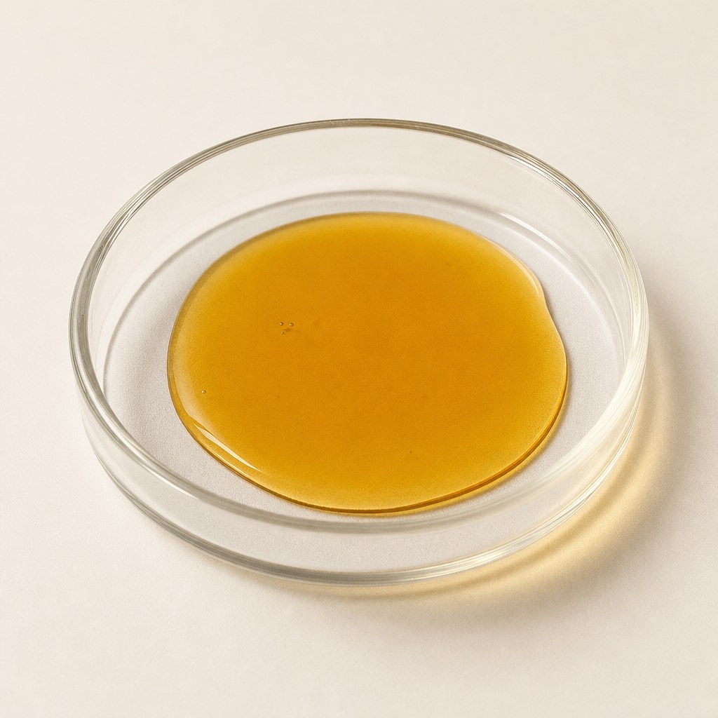 Cristales ámbar de vitamina A en un recipiente de vidrio sin etiqueta.