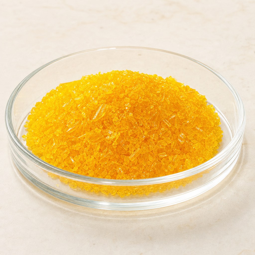 Riboflavina in cristalli gialli su sfondo chiaro neutro.