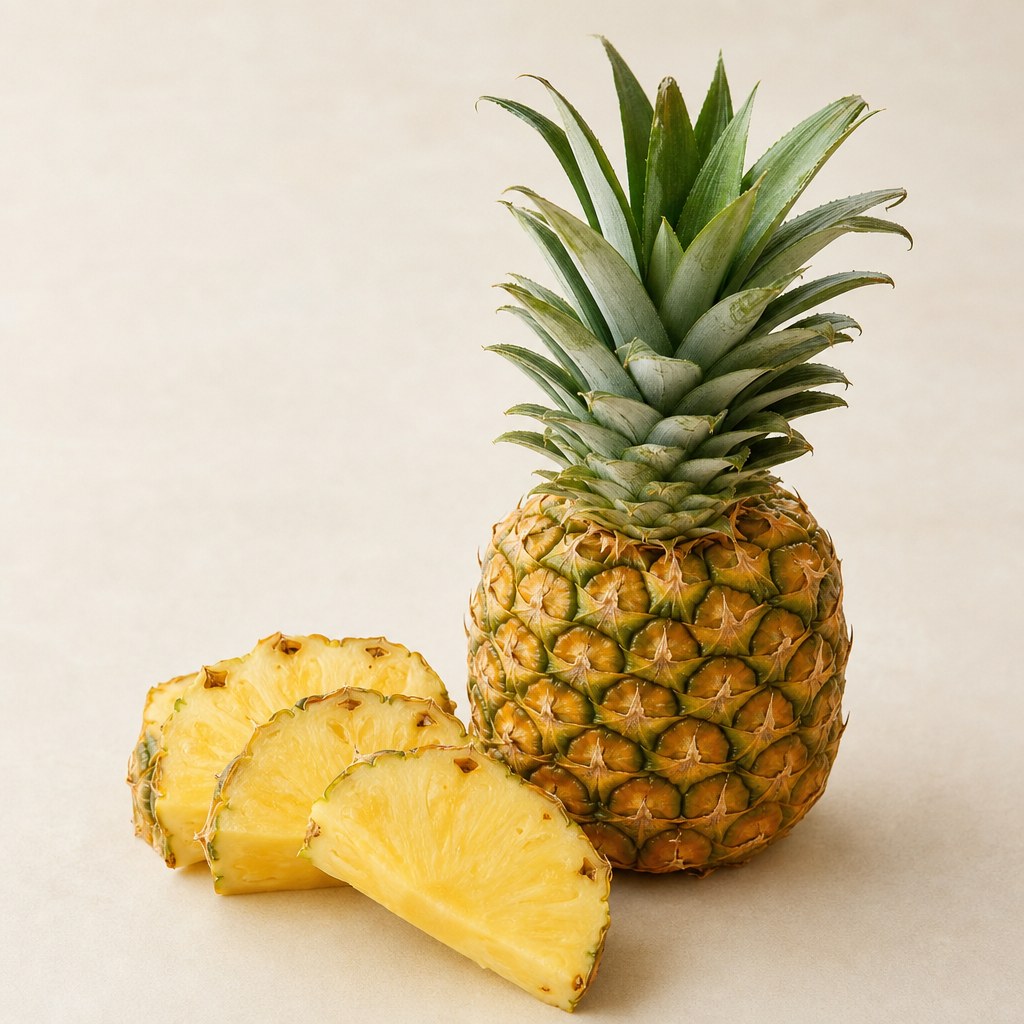 Piña fresca entera y cortada.