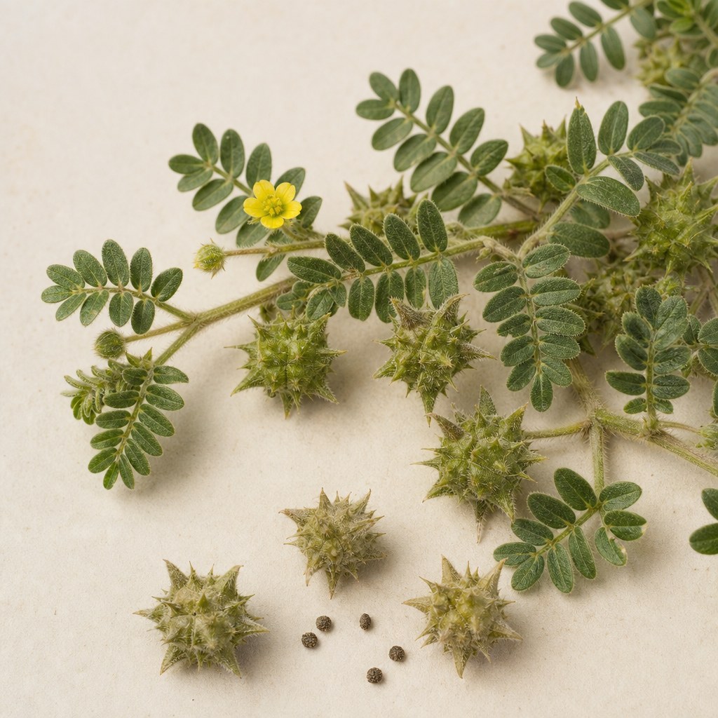 Planta de Tribulus terrestris con flores amarillas y frutos espinosos.
