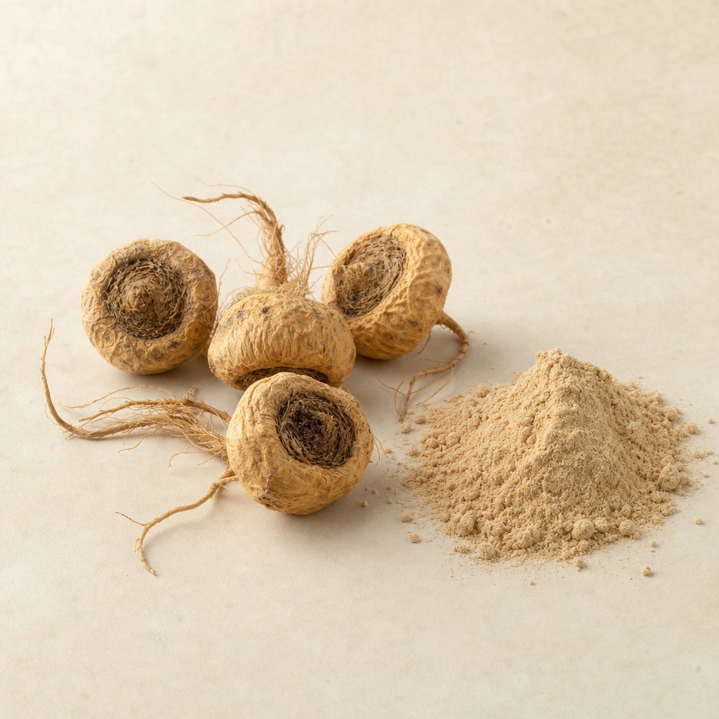 Raíces de maca peruana y extracto botánico de maca.