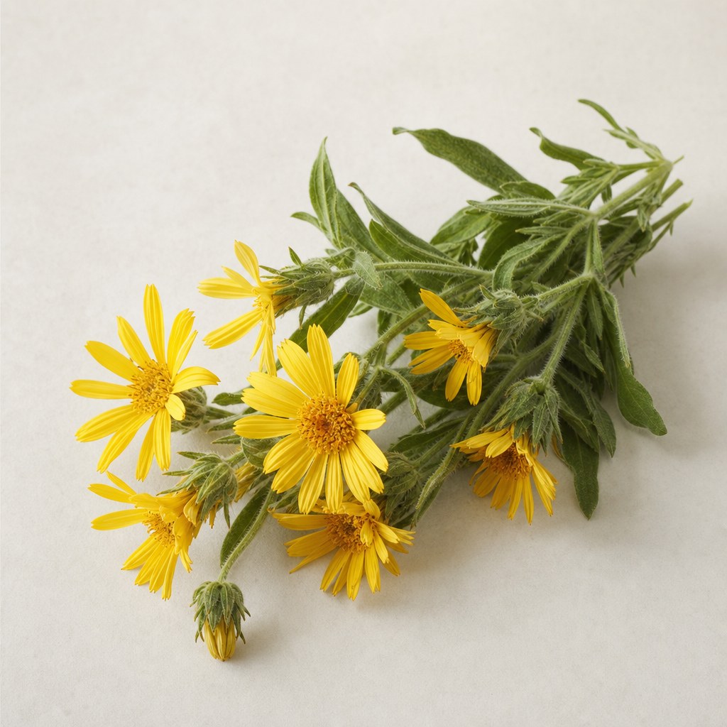 Fleurs jaunes d’Arnica montana sur fond clair.
