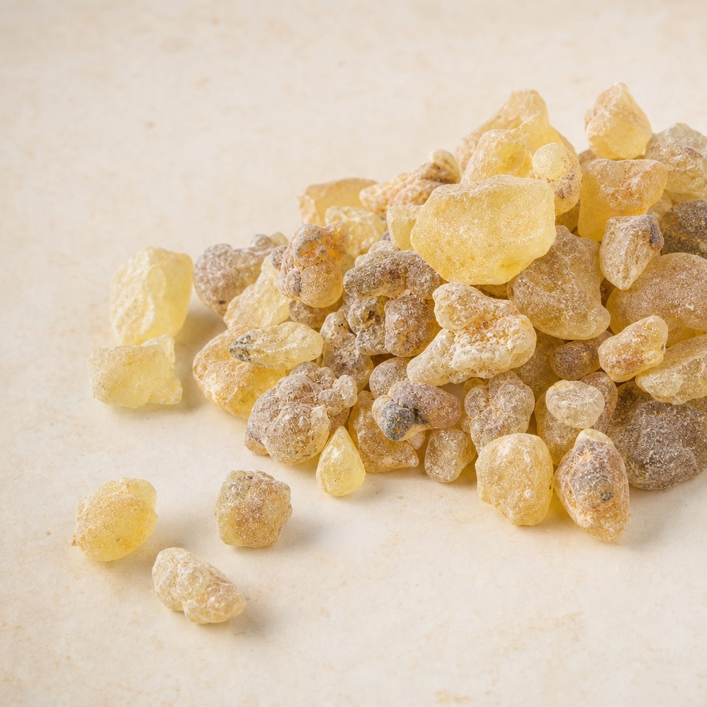 Grains de gomme-résine de Boswellia serrata sur fond clair.