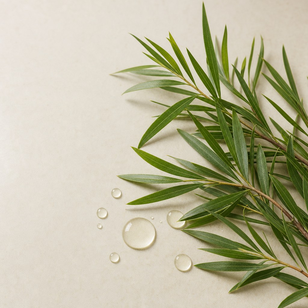 Hojas de árbol de té y gotas de su aceite esencial.