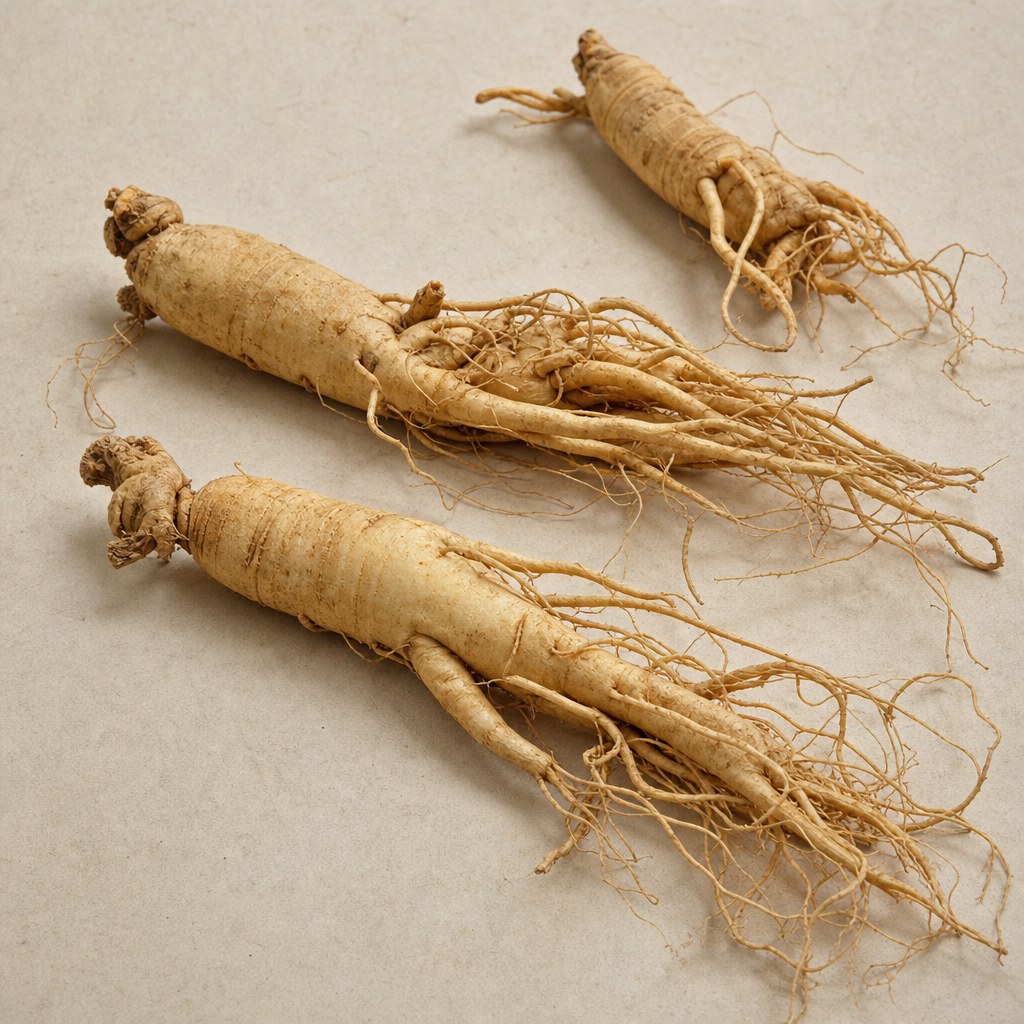 Ολόκληρες ανοιχτόχρωμες ρίζες ginseng.
