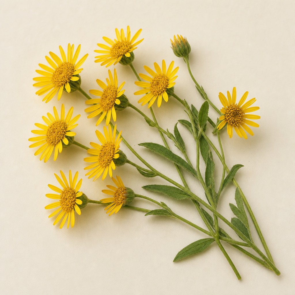 Flores amarillas de Arnica montana sobre fondo claro.