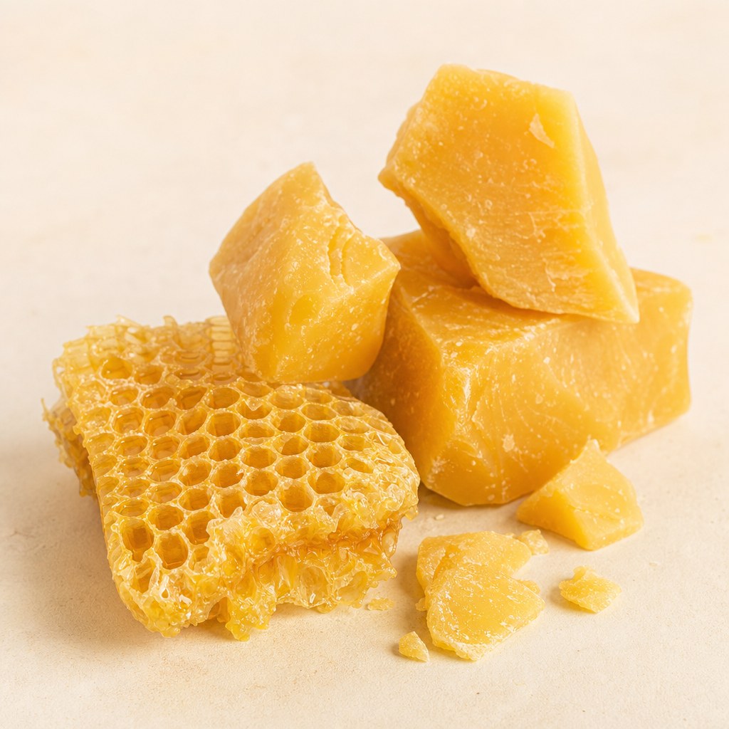 Trozo de cera de abejas natural sobre fondo claro.