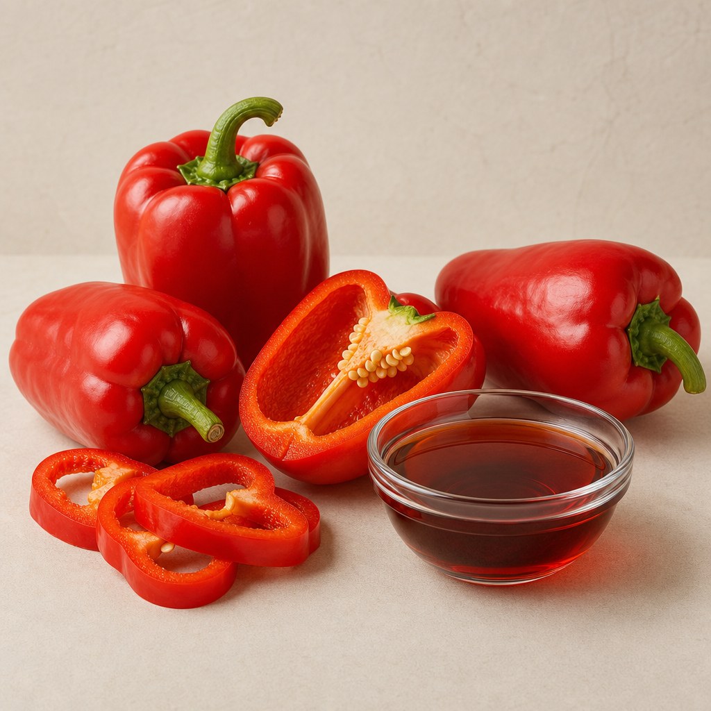 Pimientos rojos de Capsicum annuum junto a extracto botánico sobre fondo claro.