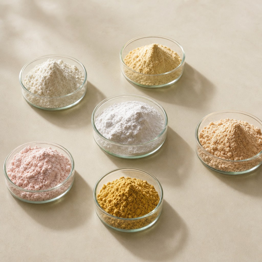 B-vitamin alapanyagok üvegtálkákban, semleges háttéren.