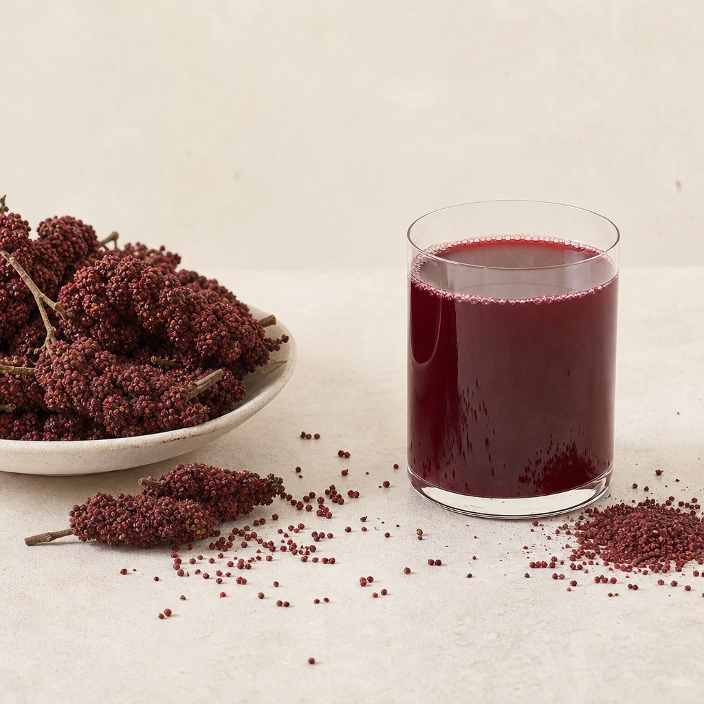 Buah sumac dan sari buah sumac pada latar belakang pucat netral.