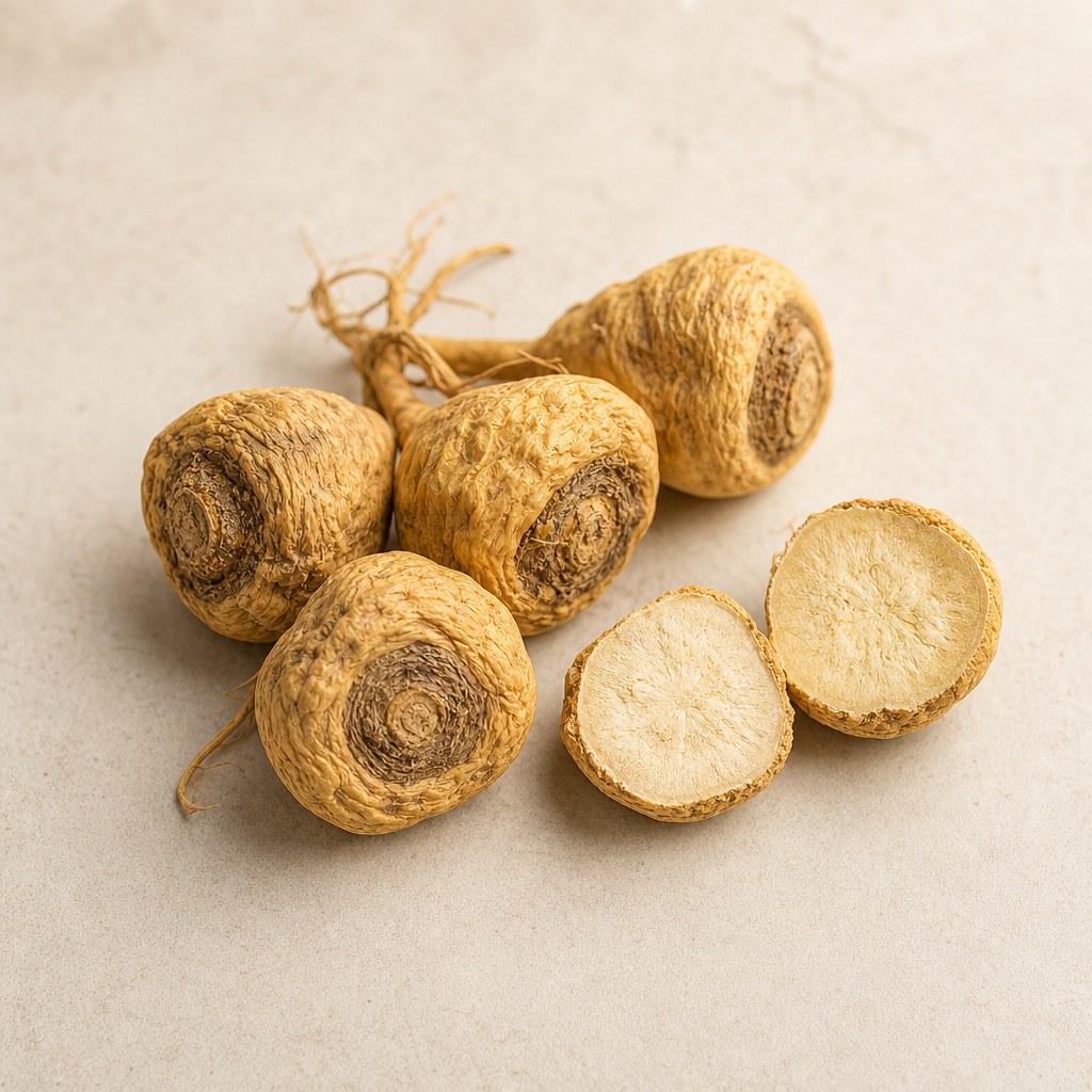 Raw maca roots on a pale neutral background.