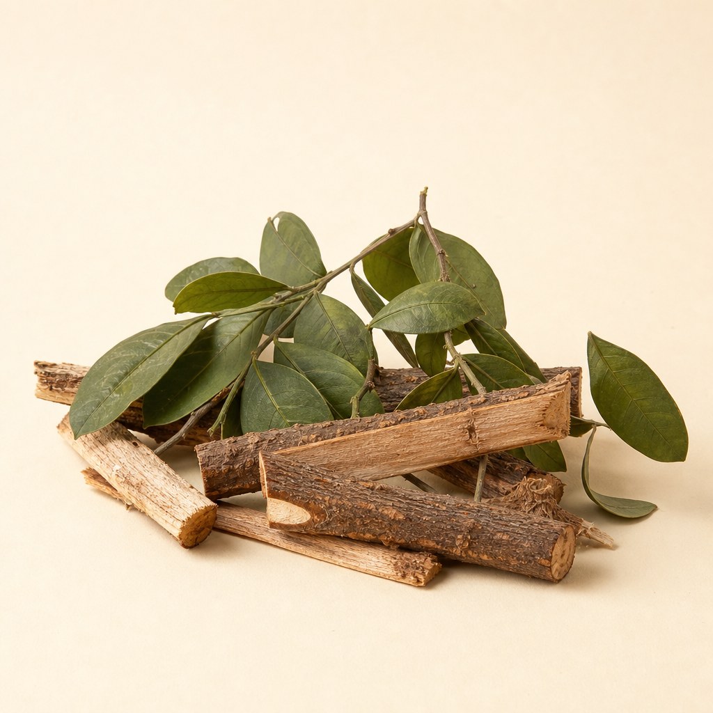 Raw Muira puama plant material on a pale neutral background.
