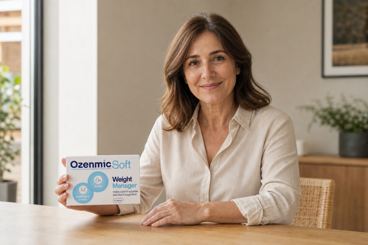 Una donna sulla quarantina, seduta a un tavolo di legno chiaro, tiene con una mano una confezione OZENMIC SOFT con il fronte ben visibile.