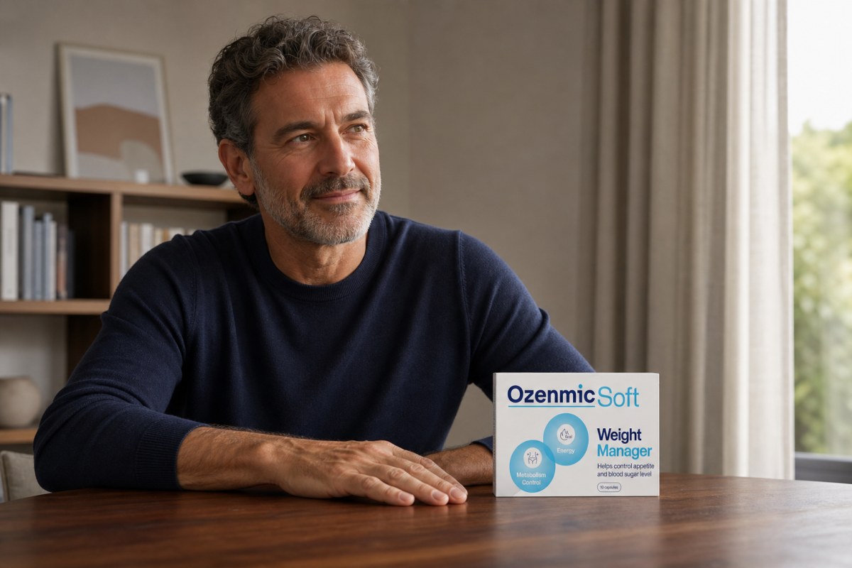 Una confezione OZENMIC SOFT è in piedi su un tavolo di noce, con il fronte visibile, accanto a un uomo sulla cinquantina e alla sua mano appoggiata.