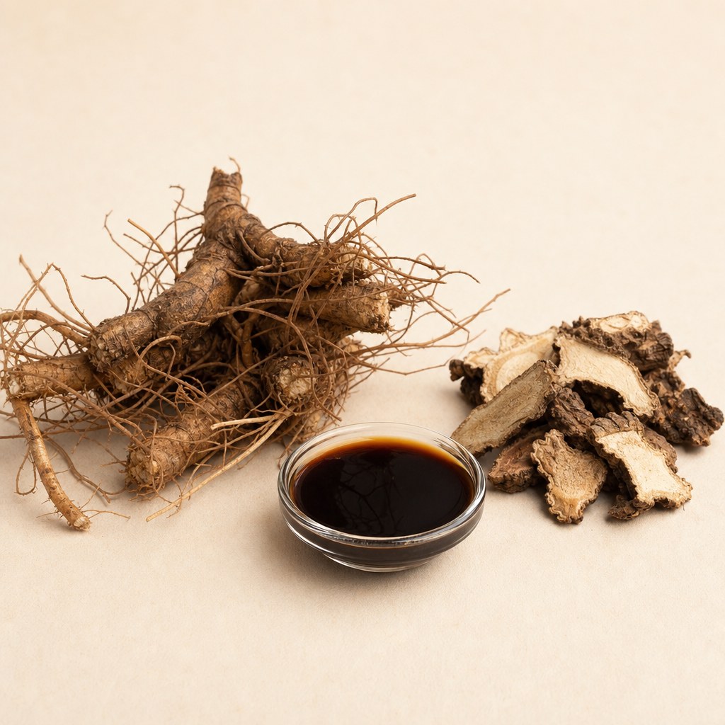 Coleus forskohlii roots and root extract on a pale background.