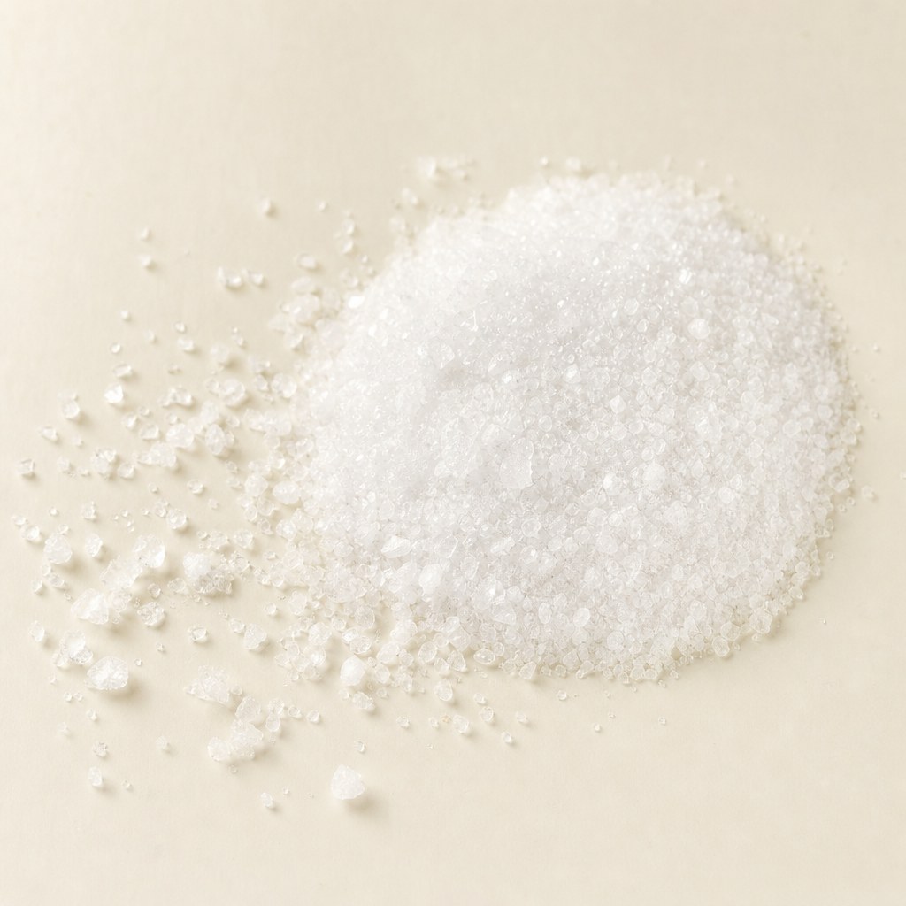 Raw L-carnitine crystals on a pale background.
