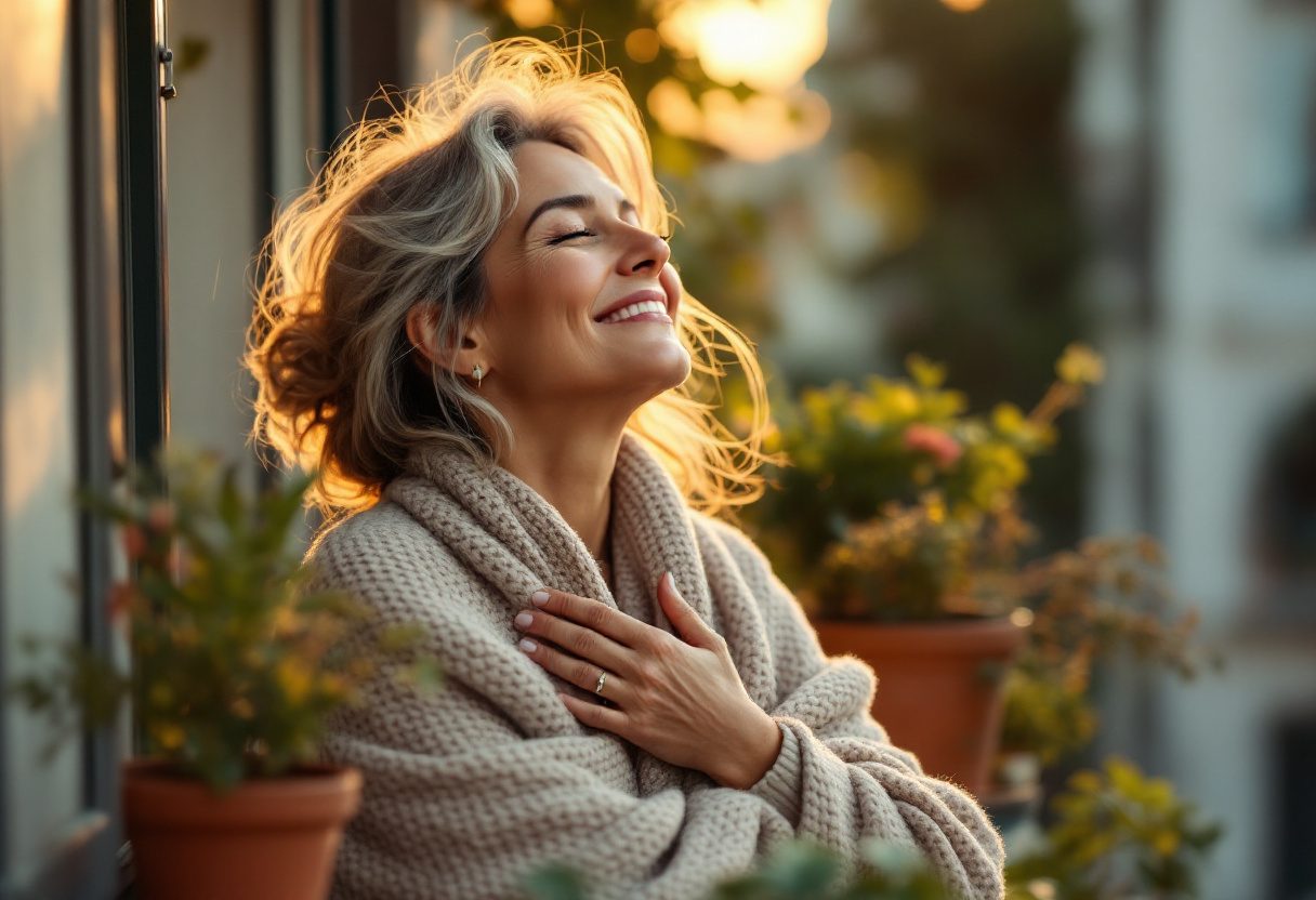 Donna sorridente che si gode il benessere quotidiano
