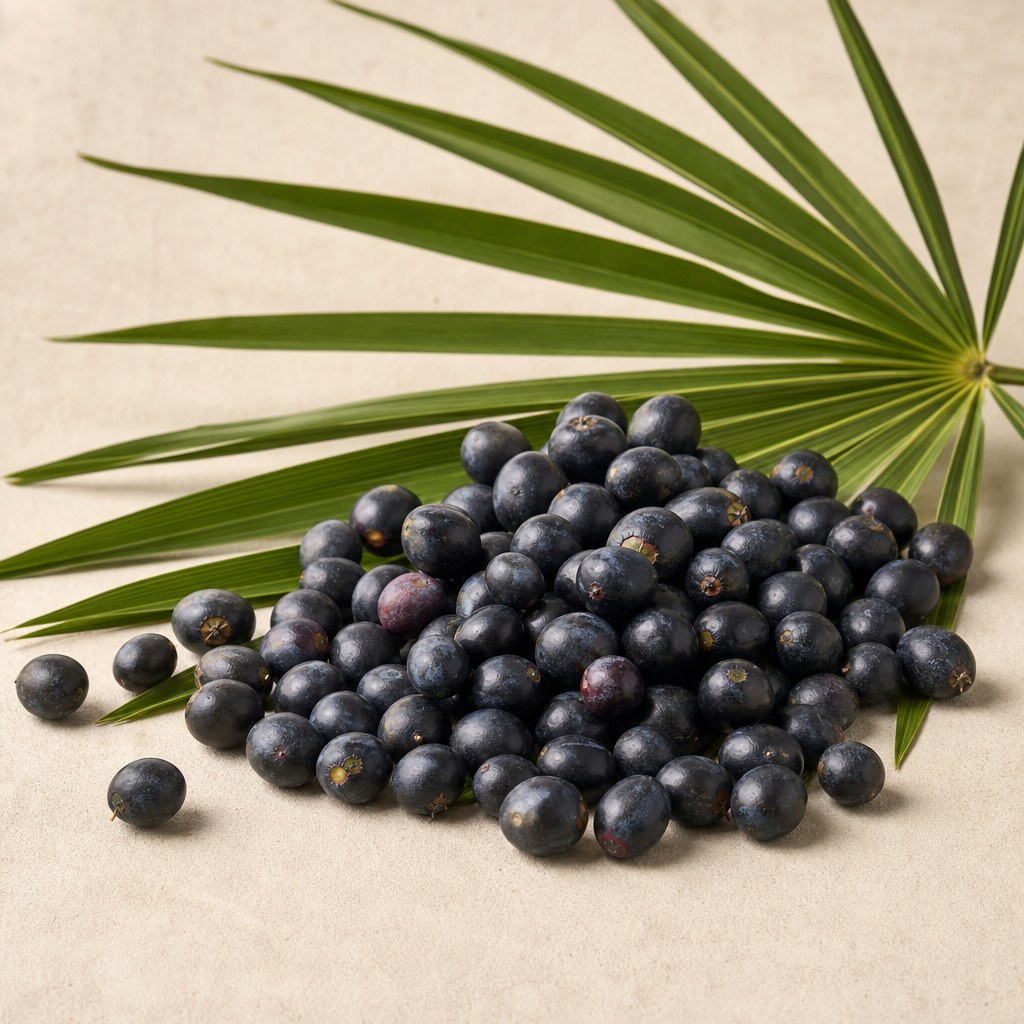 Frutos oscuros de palma serenoa sobre fondo claro.