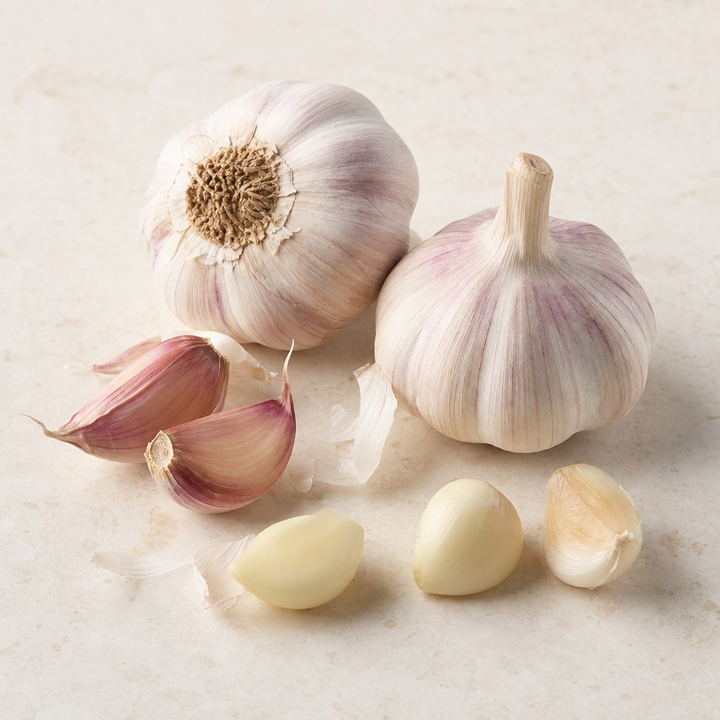 Bulbos y dientes de ajo frescos.