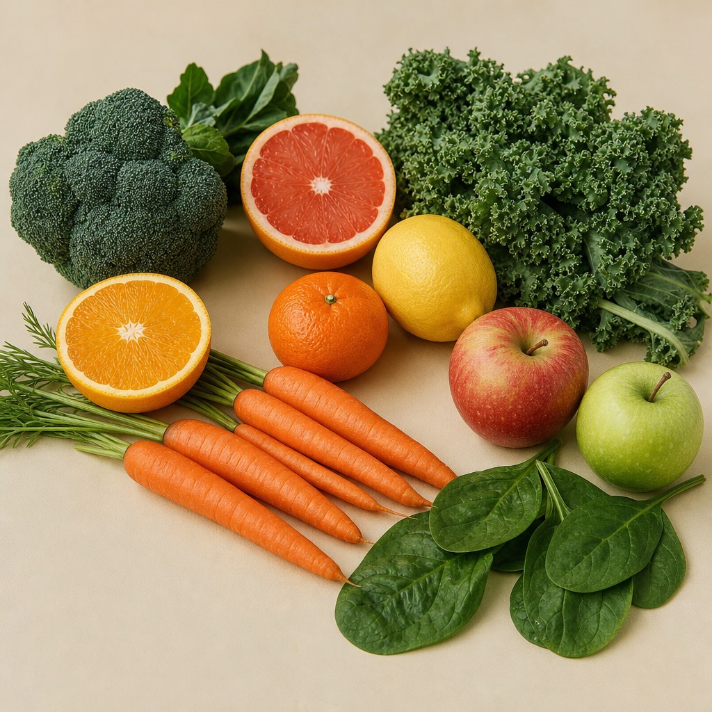 Frutas y verduras frescas que representan vitaminas.