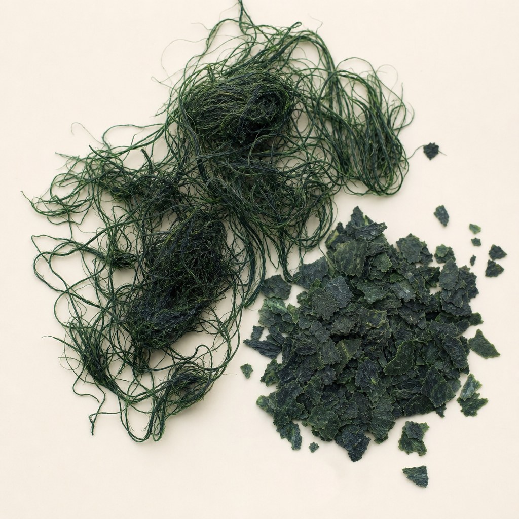 Biomasa de espirulina en tonos verde azulado sobre un fondo neutro claro.