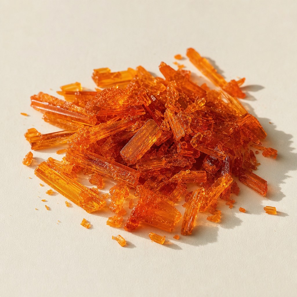 Cristales de pigmento ámbar anaranjado de zeaxantina sobre fondo claro.