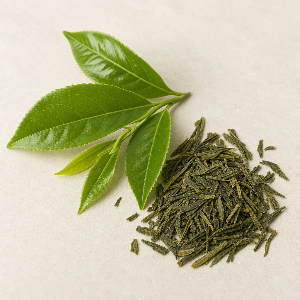 Hojas de té verde y té verde suelto.