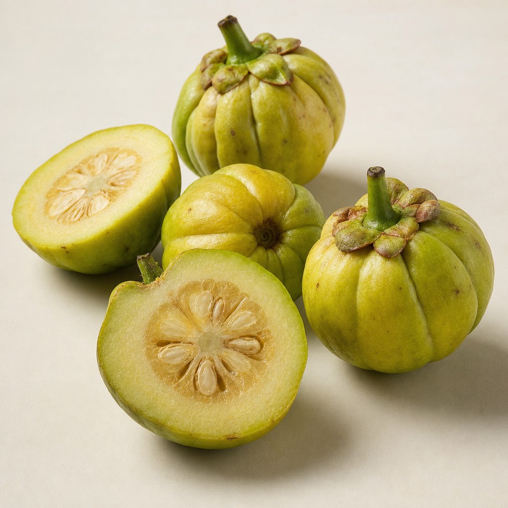 Frutos enteros y cortados de garcinia cambogia.