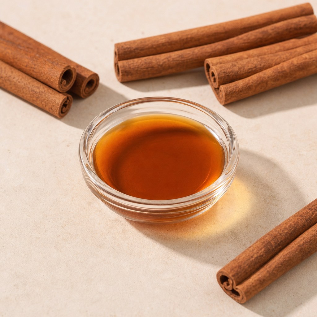 Cinnamon extract in a clear glass dish on a pale background.