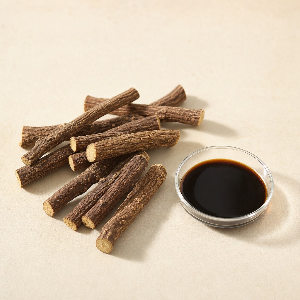 Dried licorice roots and licorice root extract on a pale background.