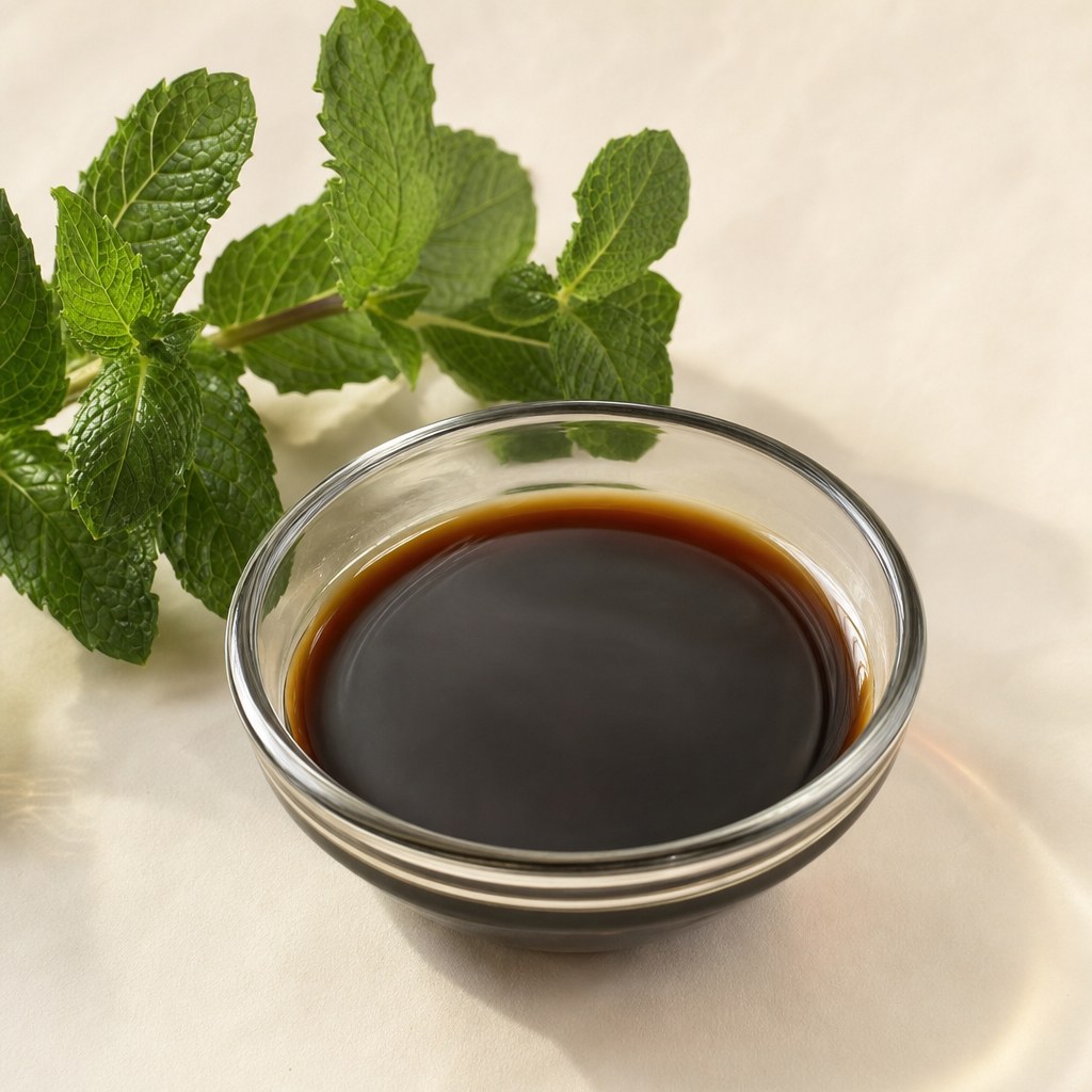 Peppermint extract in a clear glass dish on a pale background.