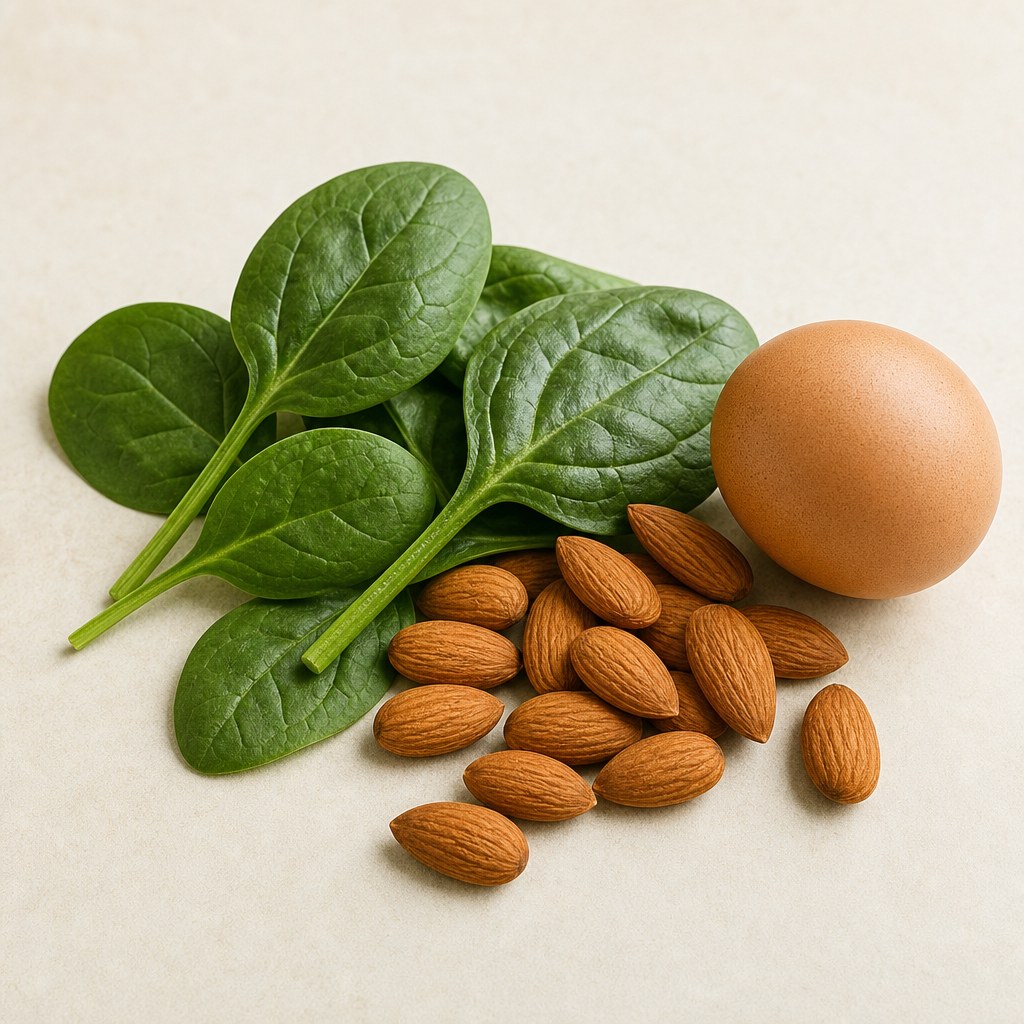Naturalne produkty będące źródłem witaminy B2 na jasnym tle.