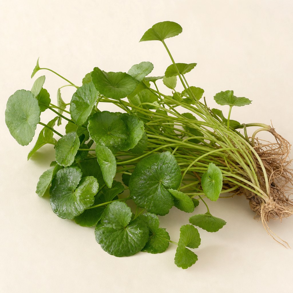 Świeża wąkrota azjatycka Centella asiatica na jasnym tle.