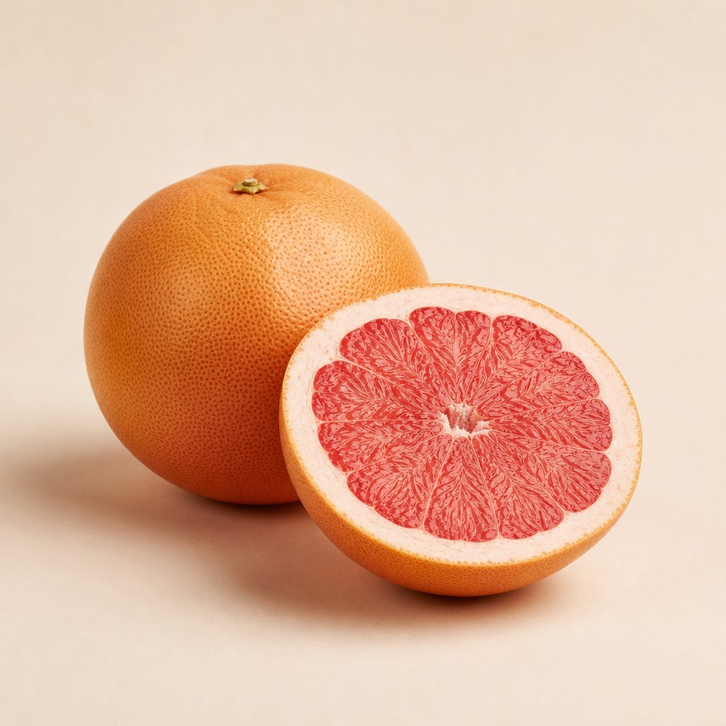Toranja fresca cortada ao meio sobre fundo claro.
