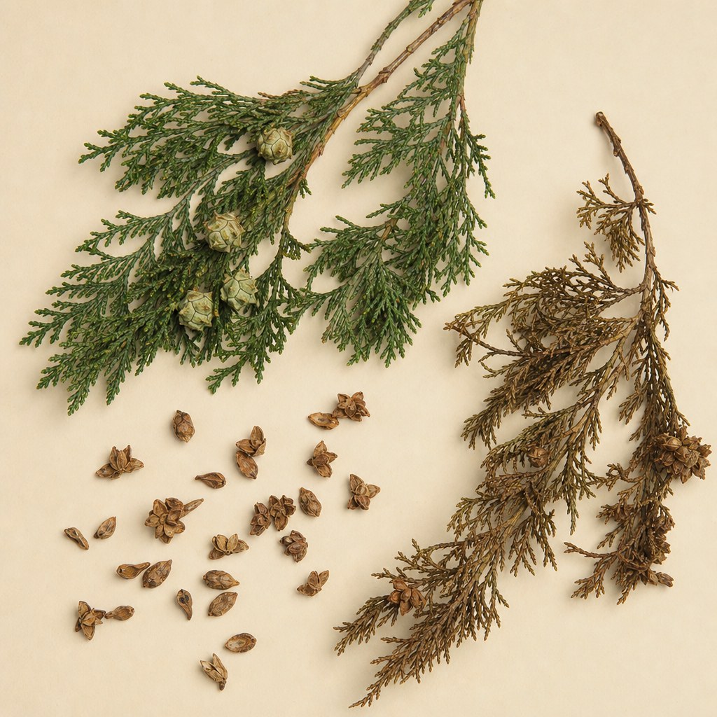 Material botanic de Cupressus sempervirens pe fundal deschis.