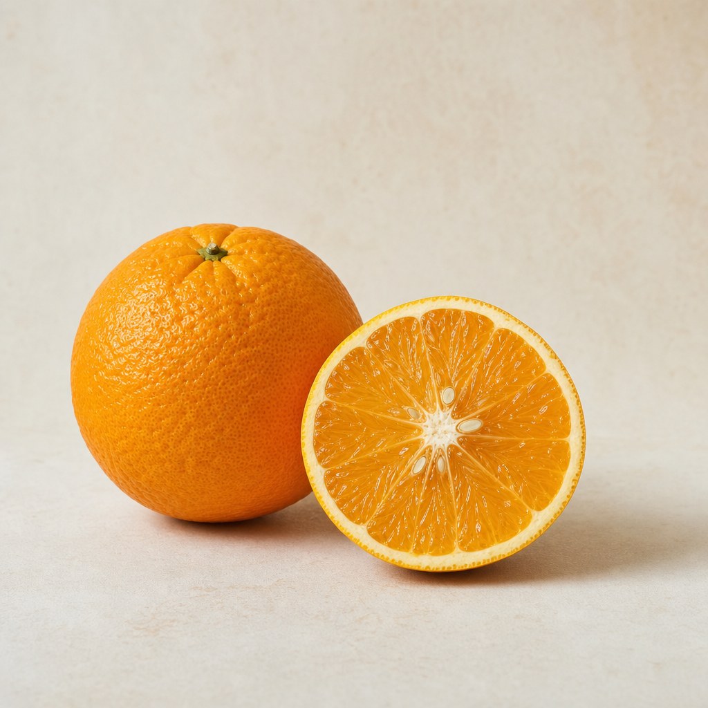 Naranja agria entera y cortada sobre fondo claro.